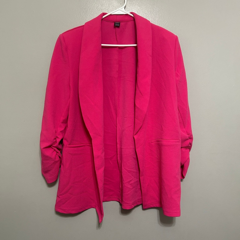 SHEIN Blazer Women L Pink Ruched 3/4 Sleeve Open Front Shawl Lapel Barbiecore